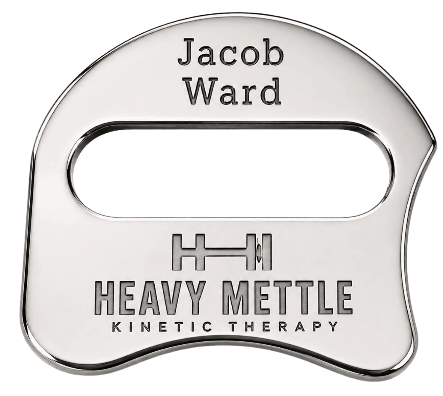 Heavy Mettle 304 surgical-steel muscle scraping tool engraved with Jacob Ward